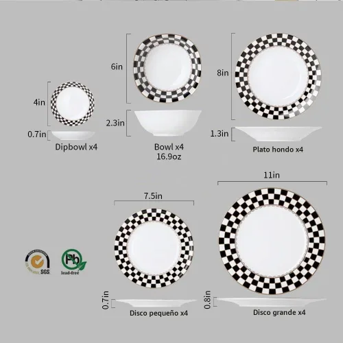 Vista 2 de Porlien Juego de platos para servir con decoración a cuadros