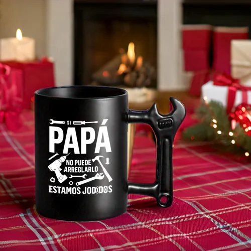 Vista 4 de LOZACHE Taza genial para papá - Si papá no puede arreglarlo... - Regalo original del día del padre - 350 ml - Taza negra con asa en forma de llave