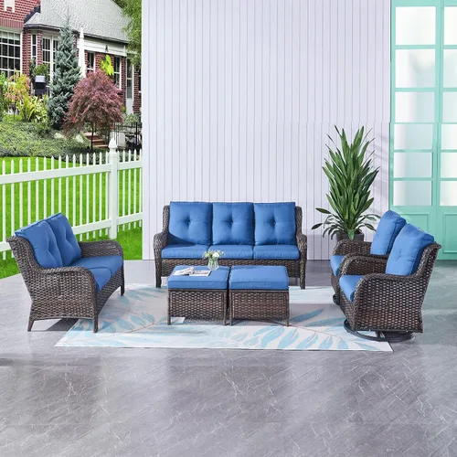 Vista 92 de HUMMUH Juego de 2 Sillas Giratorias Mecedoras de Mimbre para Patio Exterior, Juego de Muebles de Sillas Mecedoras de Ratán (Marrón, Azul) 50,000