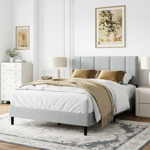 Vista 18 de IOILORI Base de cama tamaño matrimonial con cabecera tapizada de terciopelo, listones de madera resistentes, sin caja de resortes, sin ruido, fácil