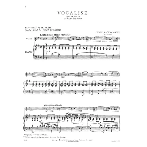 Vista 2 de Rachmaninoff - Vocalise Op. 34 No. 14. For Violin & Piano. Edited by Gingold. by International