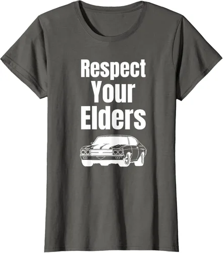 Vista 53 de Divertido regalo de auto para chicos – Respect Your Elders Classic Muscle Car Camiseta, Negro, S
