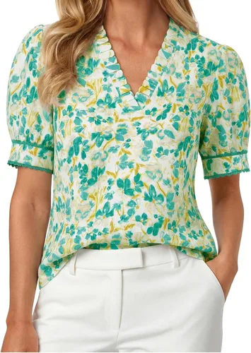 Vista 9 de GRACE KARIN Blusas florales bohemias para mujer, camisas casuales de verano de manga corta abombada, blusa de trabajo de vacaciones con cuello en V