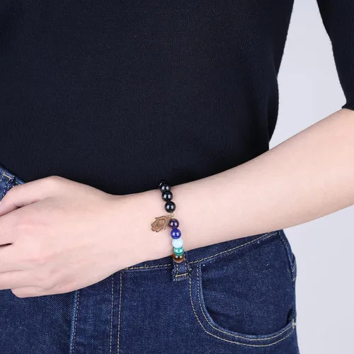 Vista 4 de COAI Pulsera de piedra de turmalina negra con 7 chakras