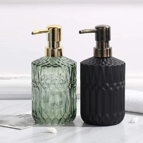 Vista 9 de YunNasi Dispensadores de jabón de vidrio con bomba, diseño de cristal, vintage y elegante, dispensadores de jabón líquido recargables para encimera
