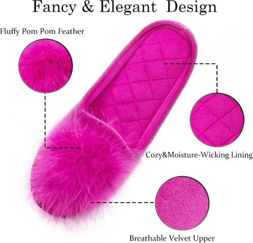 Vista 3 de GRITHEIM Pantuflas de terciopelo con pompones peludas para mujer, pantuflas de casa sexys y acogedoras para mujer, suela antideslizante