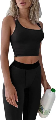 Vista 2 de AYWA Conjuntos de entrenamiento casuales de dos piezas para mujer camiseta sin mangas acanalada cintura alta leggings para uso activo