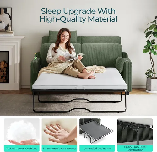 Vista 5 de LINSY HOME Sofá cama extraíble – Sofá cama convertible de dos plazas, sofá cama extraíble con marco de cama mejorado, carga USB y portavasos, sofá