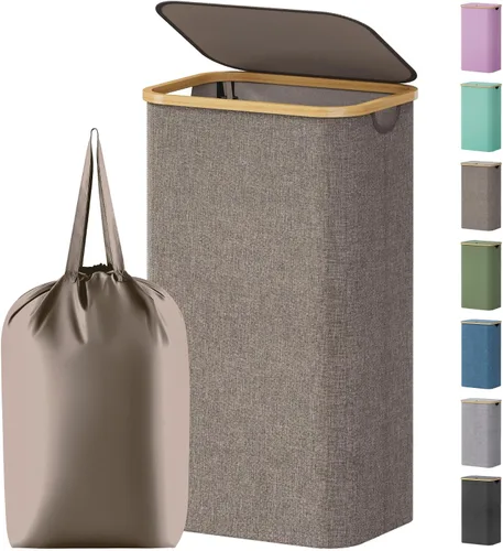 Vista 25 de Lifewit Cesta de lavandería de 80 litros con tapa, cestas de ropa para lavandería con asas de bambú y una bolsa de lavandería extraíble, cesta
