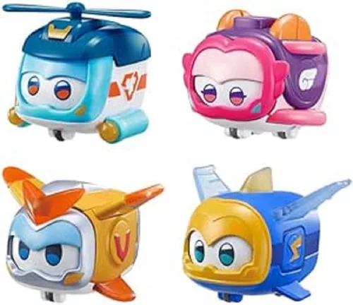 Vista 7 de Super Wings Juguetes, 4 PCS Super Pet Set, Resplandor y Cambio de Cara Transformable Juguetes Jett Donnie Paul Dizzy Pet, Juguetes Apilables