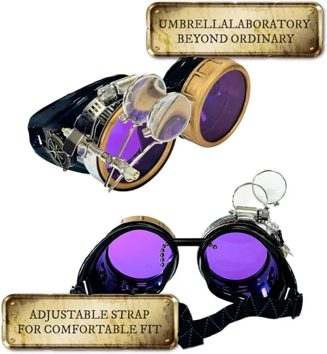 Vista 2 de UMBRELLALABORATORY Gafas de estilo victoriano Steampunk con diseño de brújula y lupa ocular, gafas para rave A. Lila