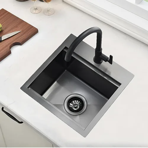 Vista 7 de Friho Fregadero de barra empotrable negro de 15 x 15 pulgadas, fregadero de cocina de acero inoxidable de un solo tazón montado en superficie