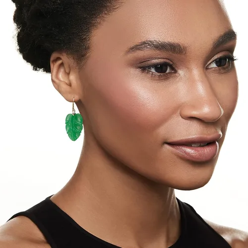 Vista 2 de Ross-Simons Pendientes de gota de hoja de jade con oro amarillo de 14 quilates