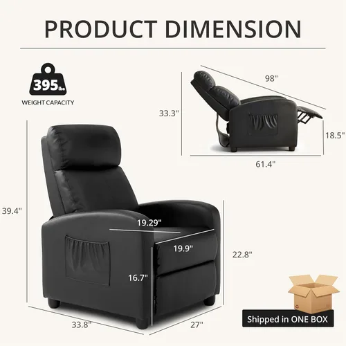 Vista 2 de Silla reclinable de cuero para sala de estar, sofá individual moderno ajustable para cine en casa con respaldo ajustable y reposabrazos acolchados