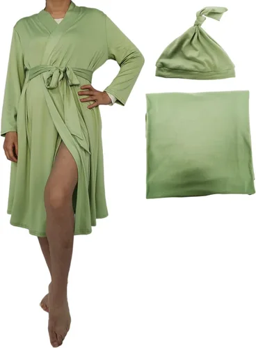 Vista 17 de SUFEINI Conjunto de Bata de Maternidad y Manta Envolvente para Bebé a Juego, Bata de Mamá con Manta Receptora Ropa de Dormir para Niñas y Niños