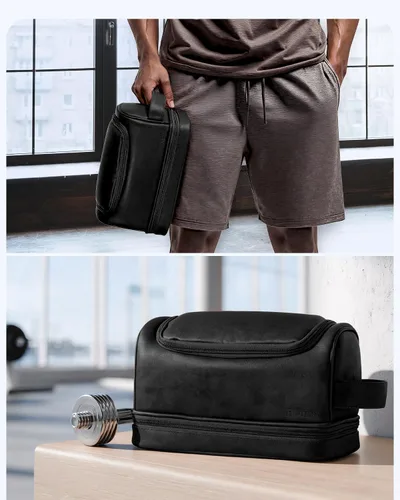 Vista 8 de Elviros - Neceser de aseo personal para hombre, organizador de viaje de cuero PU, con gancho para colgar, bolsas de afeitado para el baño de gran