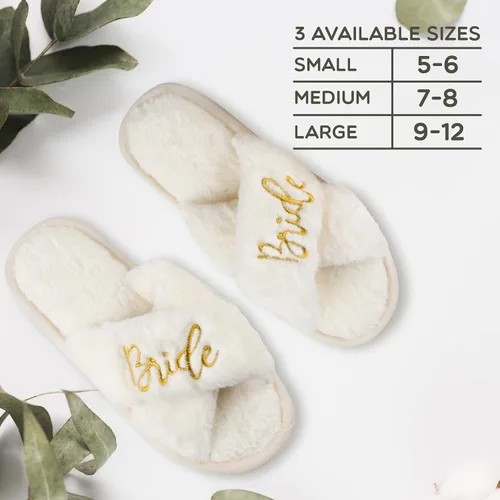 Vista 4 de Bride Slippers and Bridesmaid Slippers Bride Gifts for Bridal Shower, Bachelorette Party, Engagement Party, Wedding Day, etc. Cozy White Fur Bride