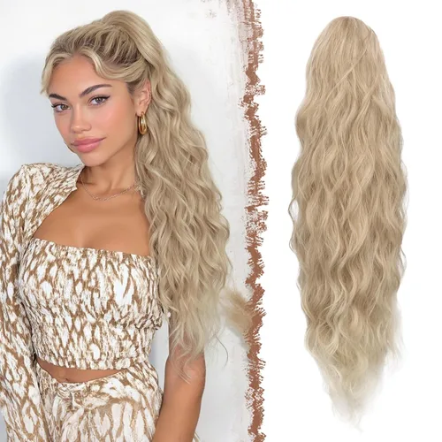 Vista 15 de FESHFEN Extensiones de cola de caballo – 26 pulgadas cordón largo rizado ondulado clip en colas de caballo pelo sintético extensiones de cola