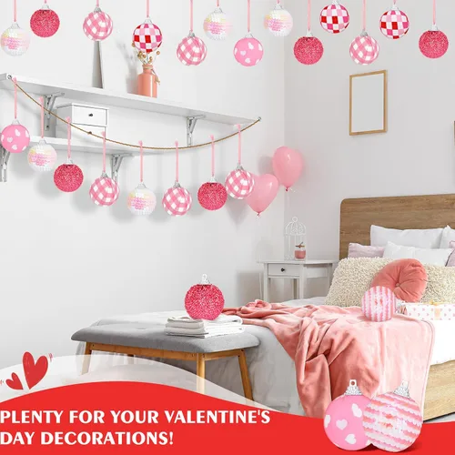 Vista 3 de Zhanmai 12 adornos de bola para el día de San Valentín, mini bolas envueltas de tela rosa de 1.97 pulgadas, adornos decorativos colgantes