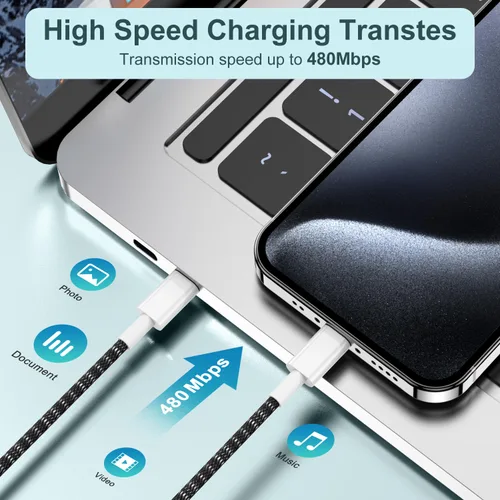 Vista 5 de Cable largo USB C a C de carga rápida de 10 pies, 60 W, cable de carga tipo C a C para Apple iPhone 17 Pro Max/17 Air/16 Pro Max/16/15 Plus/15 Pro
