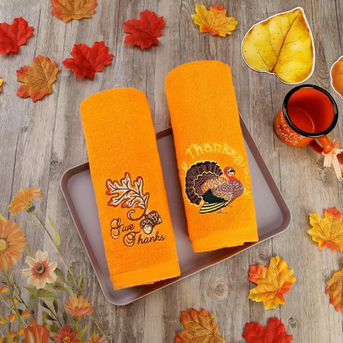 Vista 3 de Quera Paquete de 2 toallas de mano de otoño de Acción de Gracias, hojas de otoño, pavo, bordadas, decoración de lujo de primera calidad, juego