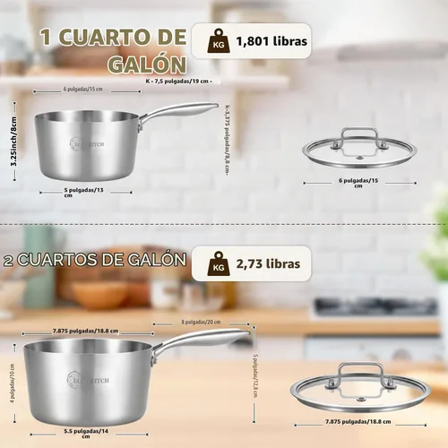 Vista 7 de LOLYKITCH Juego de cacerolas de acero inoxidable de 1QT y 2QT con tapas