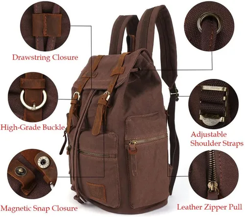 Vista 4 de Mochila de lona unisex vintage casual de 17 pulgadas para laptop, mochila escolar, mochila universitaria, senderismo, camping, bolsa de viaje