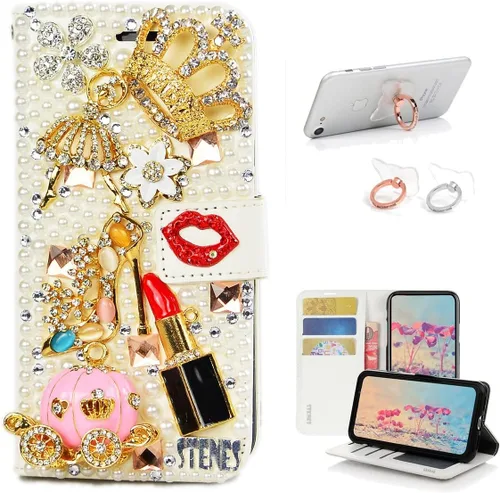 Vista 13 de Bling - Funda tipo cartera compatible con iPod Touch 5 y iPod Touch 6, elegante funda de piel con diseño de lazo hecho a mano en 3D con soporte