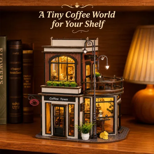 Vista 2 de Kit de rincón de libros de cafetería, rompecabezas de madera 3D para adultos con luces LED, decoración de casa de muñecas para escritorio