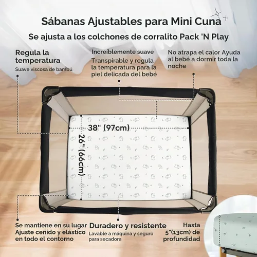 Vista 2 de Pack and Play - Juego de sábanas bajeras para cuna, paquete de 2 unidades conejitos