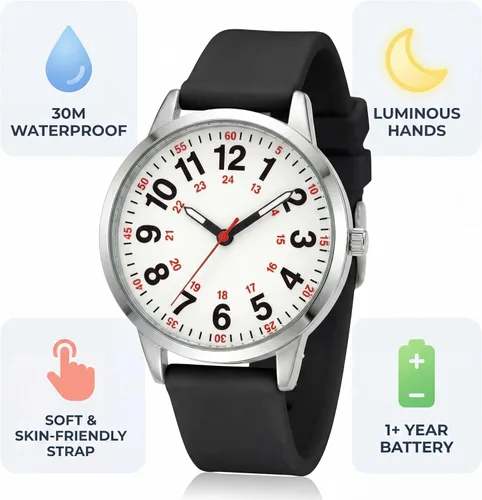Vista 3 de Easy Read Women’s Watch with Second Hand, 35mm Dial with Large Arabic Numbers, Water Resistant Silicone Strap Wrist Watch with Luminous Hands