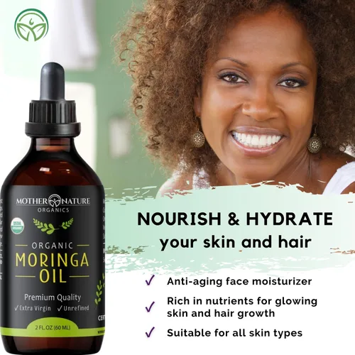 Vista 5 de Aceite de moringa orgánico certificado por USDA, 100% puro, prensado en frío y sin refinar sin gluten (2 onzas), hidratante natural para piel, cara
