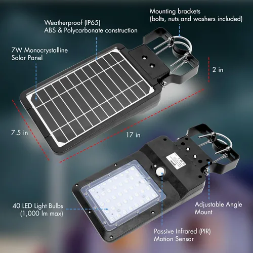 Vista 4 de Wagan EL8588 - Lámpara de calle solar integrada LED de 1000 lúmenes, sensor de movimiento, impermeable, resistente a la intemperie, del atardecer al