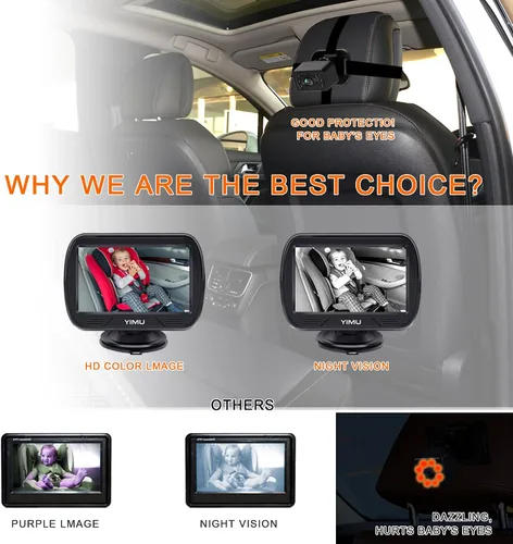 Vista 8 de YIMU HD720P Cámara de coche de bebé para asiento trasero, reposacabezas de automóvil, monitor de instalación rápida, visión nocturna, cámara