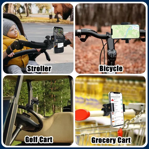 Vista 7 de ONEDONE Soporte universal para teléfono para cochecito, carrito de golf, carritos de compras, scooter, soporte para teléfono celular, usos