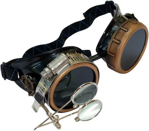 Vista 18 de UMBRELLALABORATORY Gafas de estilo victoriano Steampunk con diseño de brújula y lupa ocular, gafas para rave