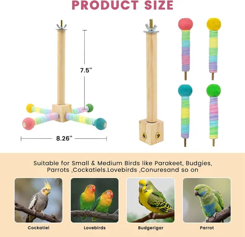 Vista 8 de Juguete de perca para loros mejorado, soporte giratorio de perca para pájaros con juguete de bola masticable para pájaros pequeños y medianos