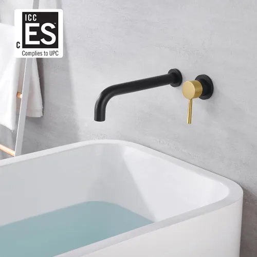 Vista 2 de SUMERAIN Grifo de bañera de montaje en pared Grifo de bañera de baño con boquilla de llenado de bañera larga, acabado negro y dorado, manija única