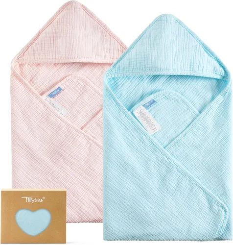 Vista 10 de TILLYOU Paquete de 2 toallas de muselina con capucha para recién nacido, 32 x 32 pulgadas, toallas de baño suaves para bebé altamente absorbentes