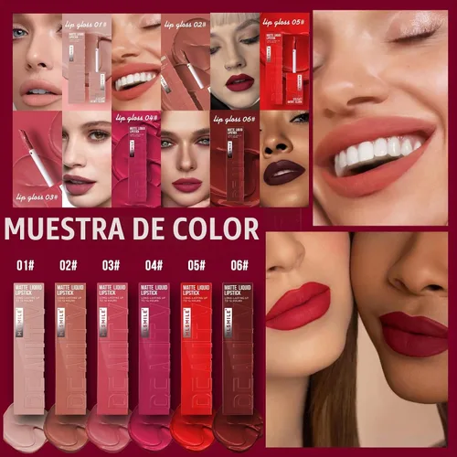 Vista 5 de Juego de lápices labiales líquidos mate de 6 colores, brillo labial suave de terciopelo, impermeable, hidratante, de larga duración, altamente