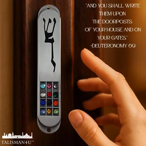 Vista 2 de TALISMAN4U MEZUZAH - Funda de peltre con desplazamiento para 12 tribus de Israel, diseño de Hoshen, símbolo de protección hebrea Shaddai, judaica