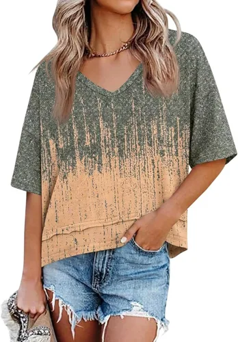 Vista 9 de Cicy Bell Camisetas de verano con cuello en V para mujer, casuales, de manga corta, holgadas, lindas camisetas básicas Caqui