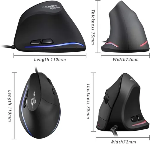 Vista 6 de zelotes - Mouse vertical ergonómico, 3200 DPI LED óptico USB con cable, 6 botones para laptop, escritorio, PC, MacBook, negro