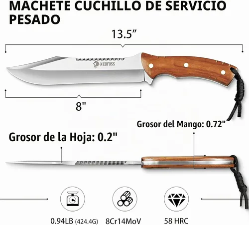 Vista 6 de NedFoss Cuchillo Machete de 13.5" con Funda de Cuero, Hoja de Acero 8Cr14Mov Resistente de 0.22" de Grosor con Espiga Completa, Machete Kukri