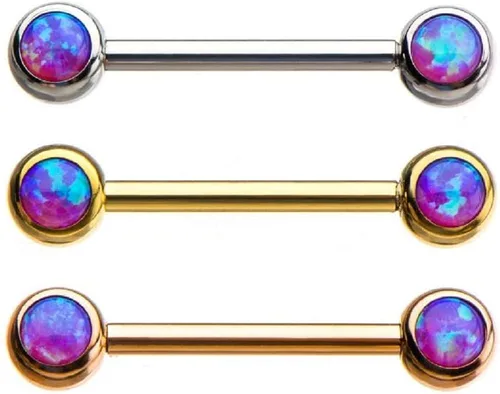 Vista 2 de Pierced Owl - 14G Stainless Steel Bezel Set Purple Synthetic Opal Nipple Barbells, Sold as a Pair