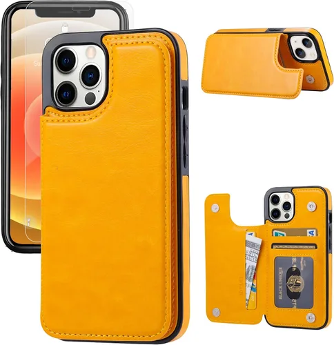 Vista 14 de Funda tipo cartera compatible con iPhone 12 Pro/12, funda protectora delgada con tarjetero, funda premium de cuero sintético con función atril