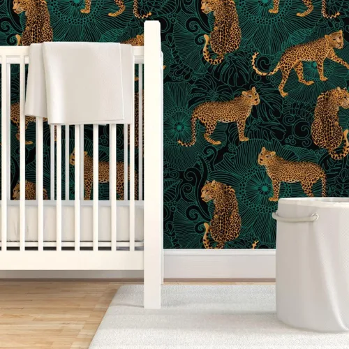 Vista 6 de Spoonflower Papel tapiz para despegar y pegar - Leopardo exótico selva negro verde animal África guepardo tigre papel tapiz extraíble personalizado