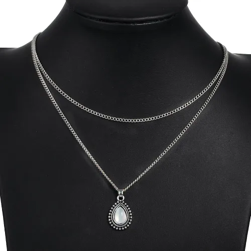 Vista 4 de fxmimior Collar con colgante de gota de plata con barra en capas simple y cuello en V para mujer, Metal