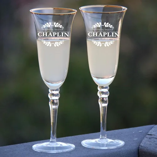 Vista 23 de Juego de 2 copas de champán personalizadas para boda grabadas con caja - Bride & Groom's Wedding Toast