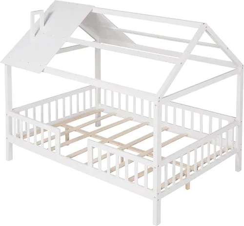 Vista 6 de Merax Cama de casa completa para niños, marco de cama matrimonial de madera en forma de casa, marco de cama con ventanas de techo y barandillas